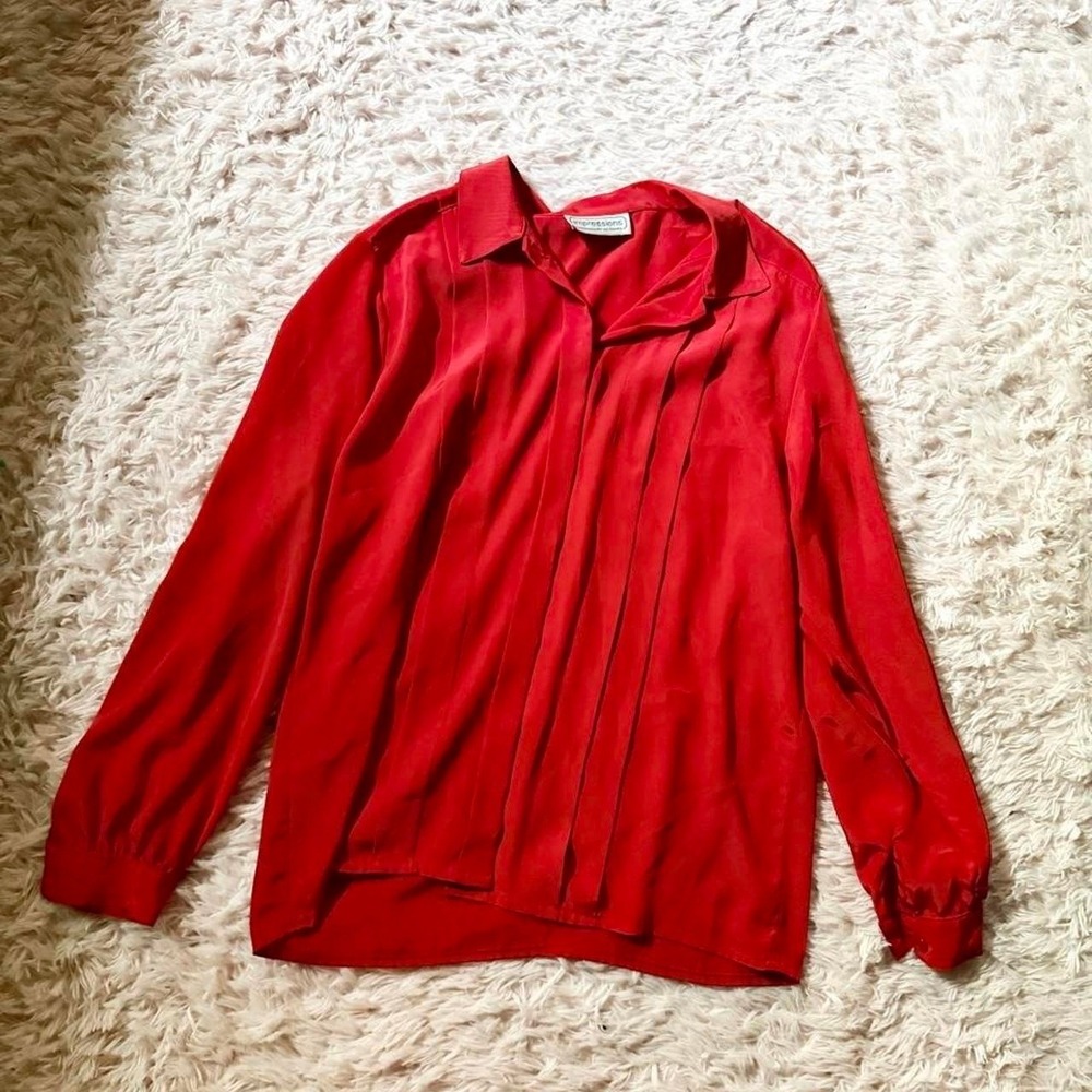 Vintage 80s Red‎ Silky Professional Power Office Blouse Womens S Retro Mystical